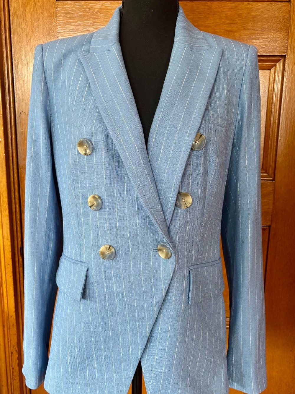 Veronica Beard Sky Blue Pinstripe Double-Breasted Miller Dickey Jacket Size 8 - Picture 10 of 13